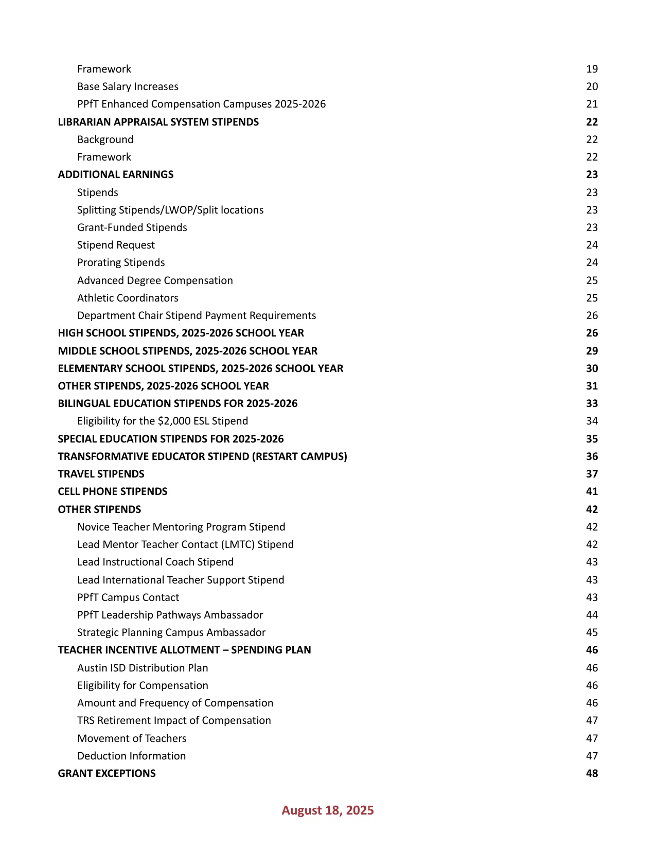 Austin ISD Professional (PRF) Pay Plan 2025-2026 - official salary schedule pay scale (PDF preview, page 3 of 75)