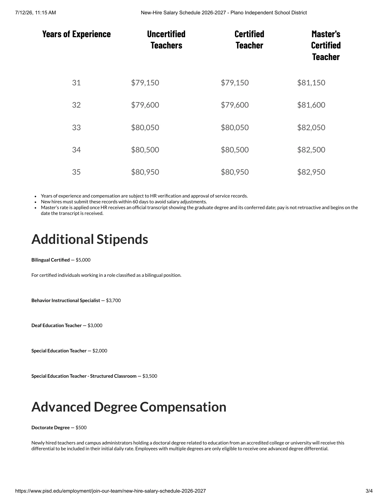 Plano ISD (TX) New-Hire Salary Schedule 2026-2027 - official salary schedule pay scale (PDF preview, page 3 of 4)